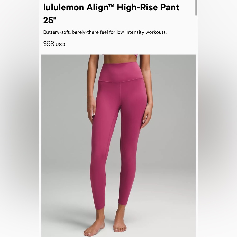 Lululemon Align 25 inch leggings size 6, color light pink (washed mauve)